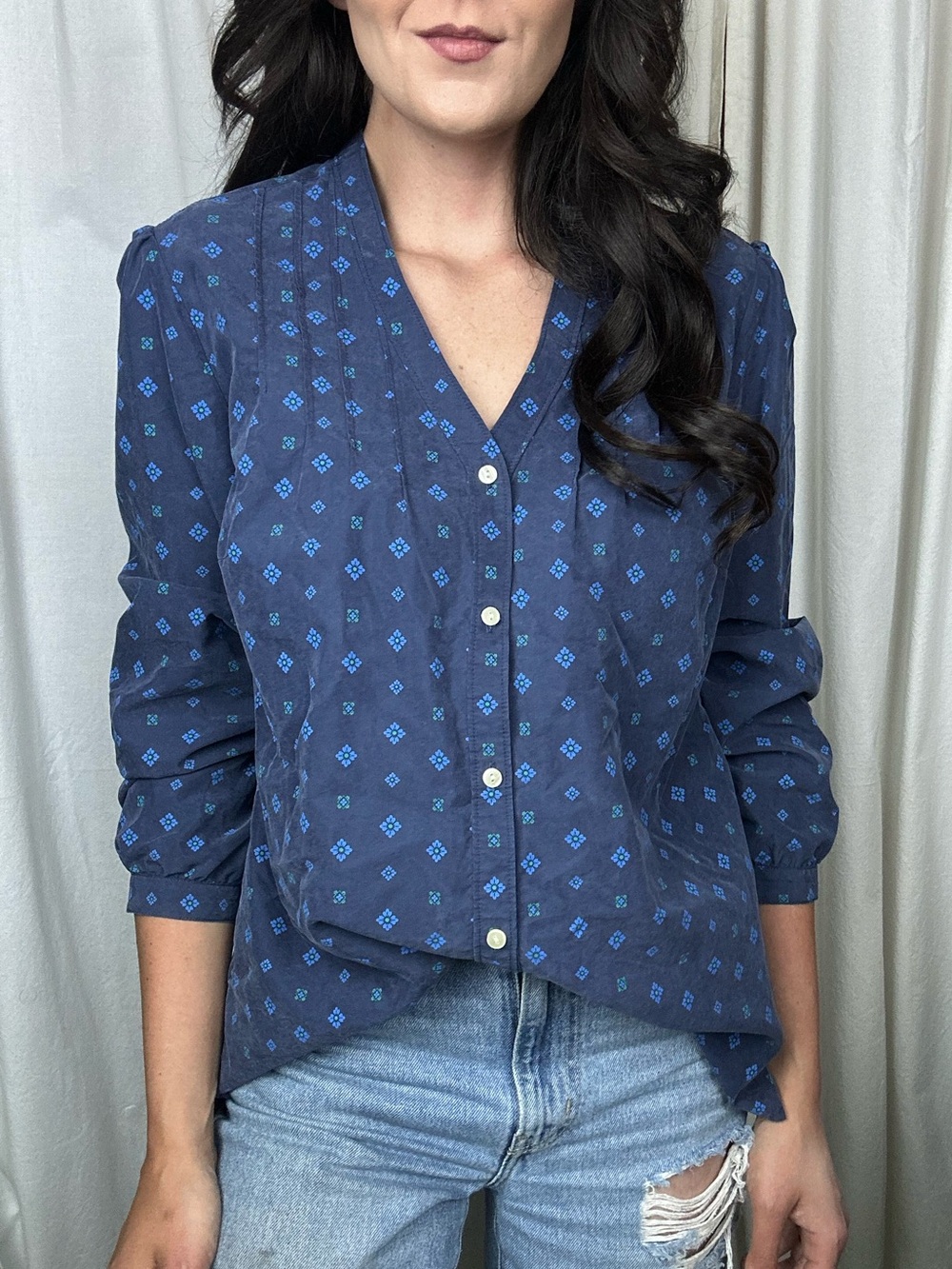 LL Bean Blue Floral Print Button-Front Women's Top M